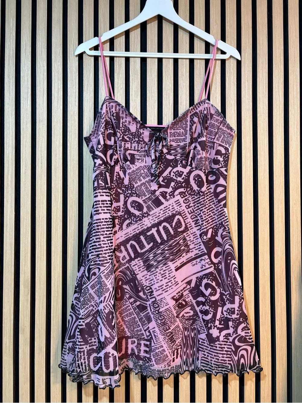 Urban Outfitters UO Elodie Mesh Slip Dress Newspaper Print Pink Black Size Large